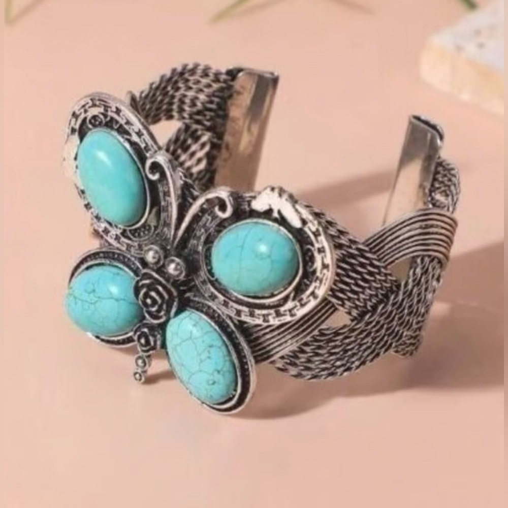 Turquoise and Silver Women's butterfly Bracelet - Picture 2 of 5